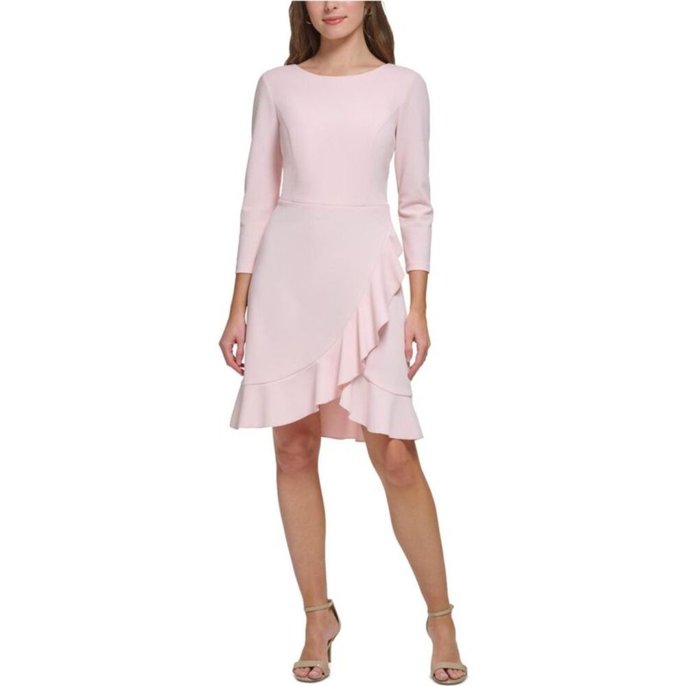 Tommy Hilfiger Womens Quarter Sleeve Sheath Ruffled Midi Dress, Pink, 8, DM